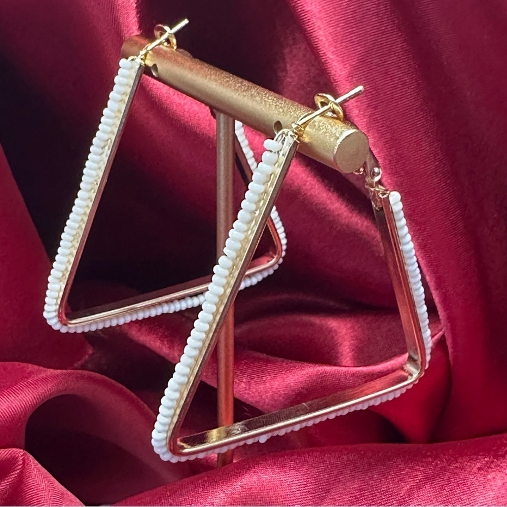 White Beaded Triangle Hoop Earrings | Bold Geometric Statement Jewelry | NWT - Picture 9 of 11